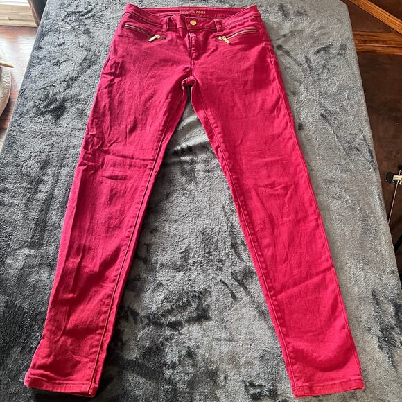 Michael Kors Izzy Skinny Jeans Women’s Size 6 Red Stretch Denim Gold Zip Pockets - Picture 1 of 8